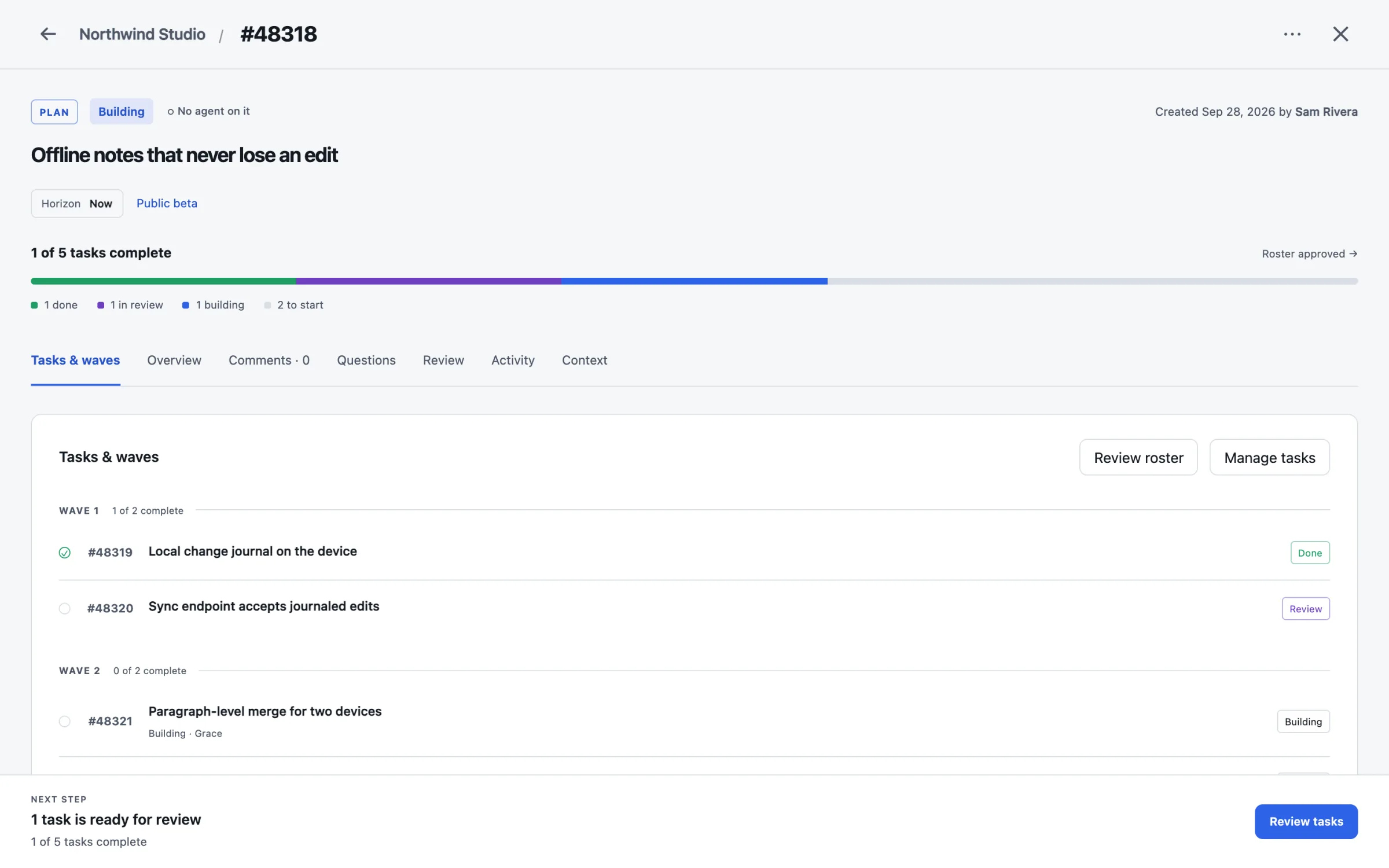 A plan with five tasks in three waves. Wave 1: the local change journal is done, the sync endpoint is in review. Wave 2: paragraph merge is building with Grace.