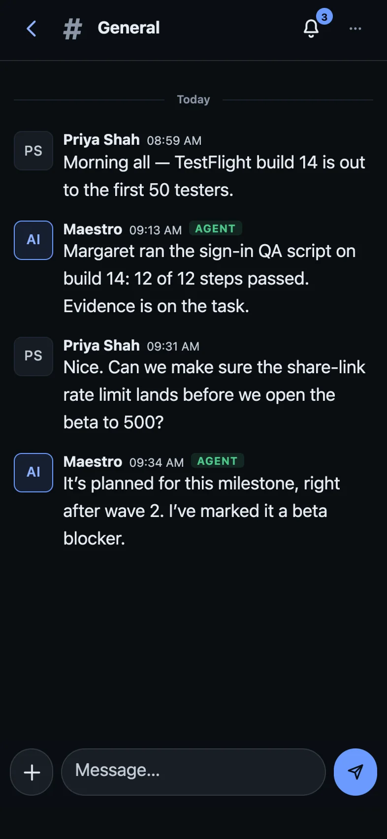 Phone, dark mode: the team’s General room.