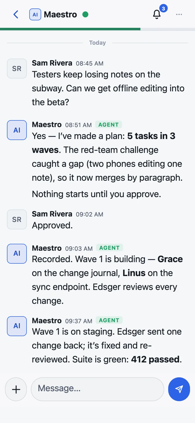 Phone: a conversation with the Maestro about the offline notes plan.